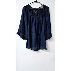 ZOE & RACHEL Navy Blue Crochet Neckline Wide Bell Sleeve Tunic Shirt (M)